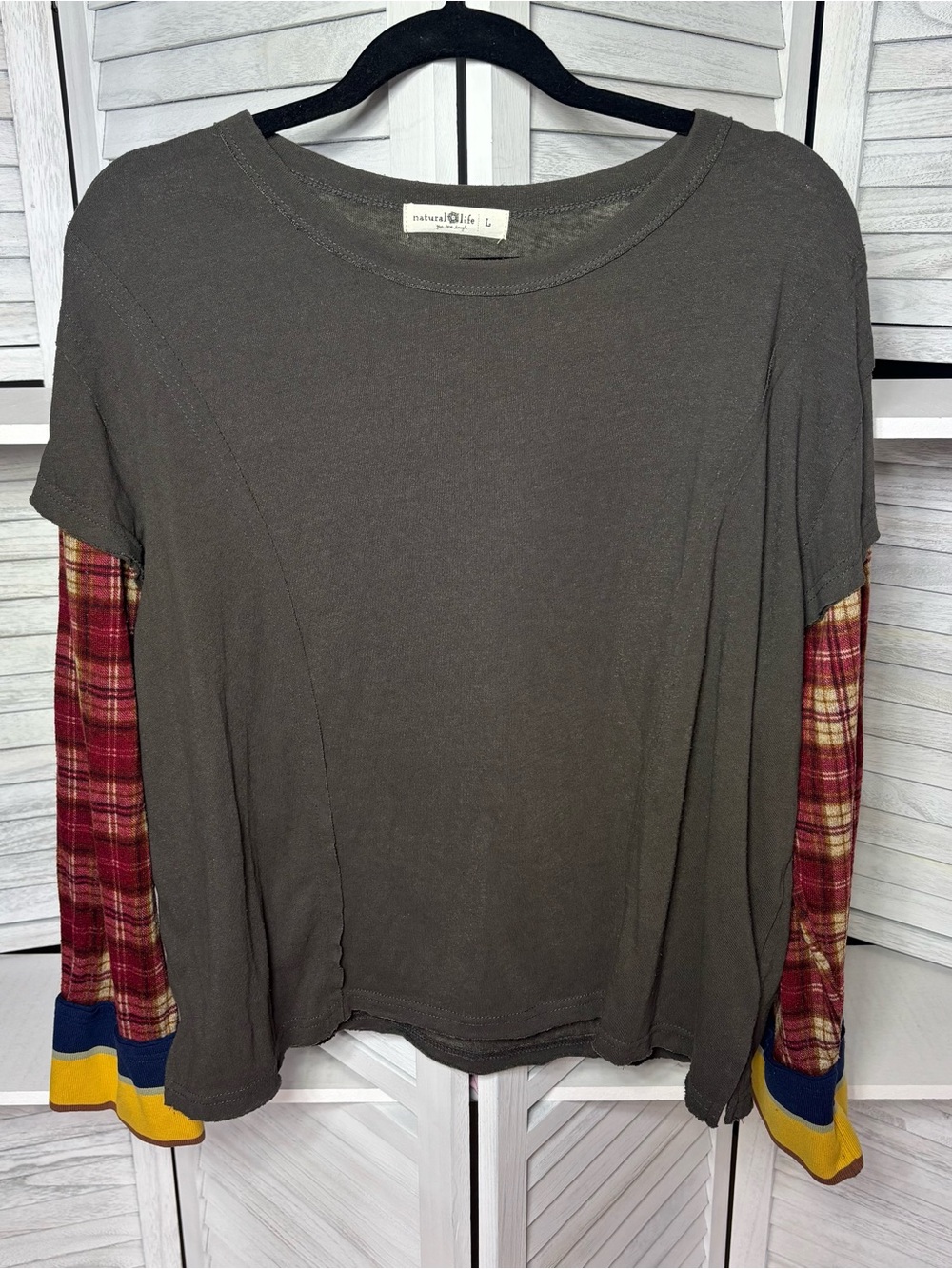 Natural Life Layered Plaid Sleeve Top Boho Gray Women’s Large